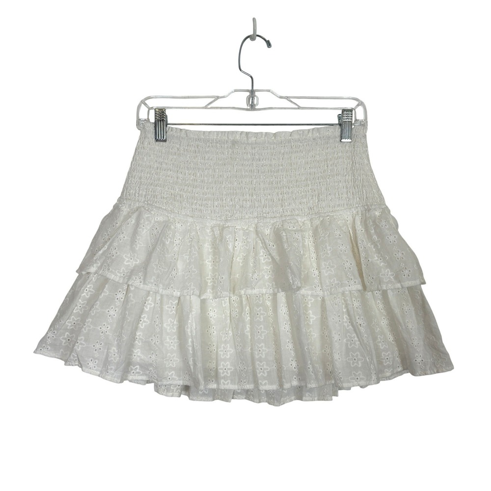 Eyelet Ruffle Mini Skirt SMALL White Cotton Smocked Boho Cottagecore Milkmaid